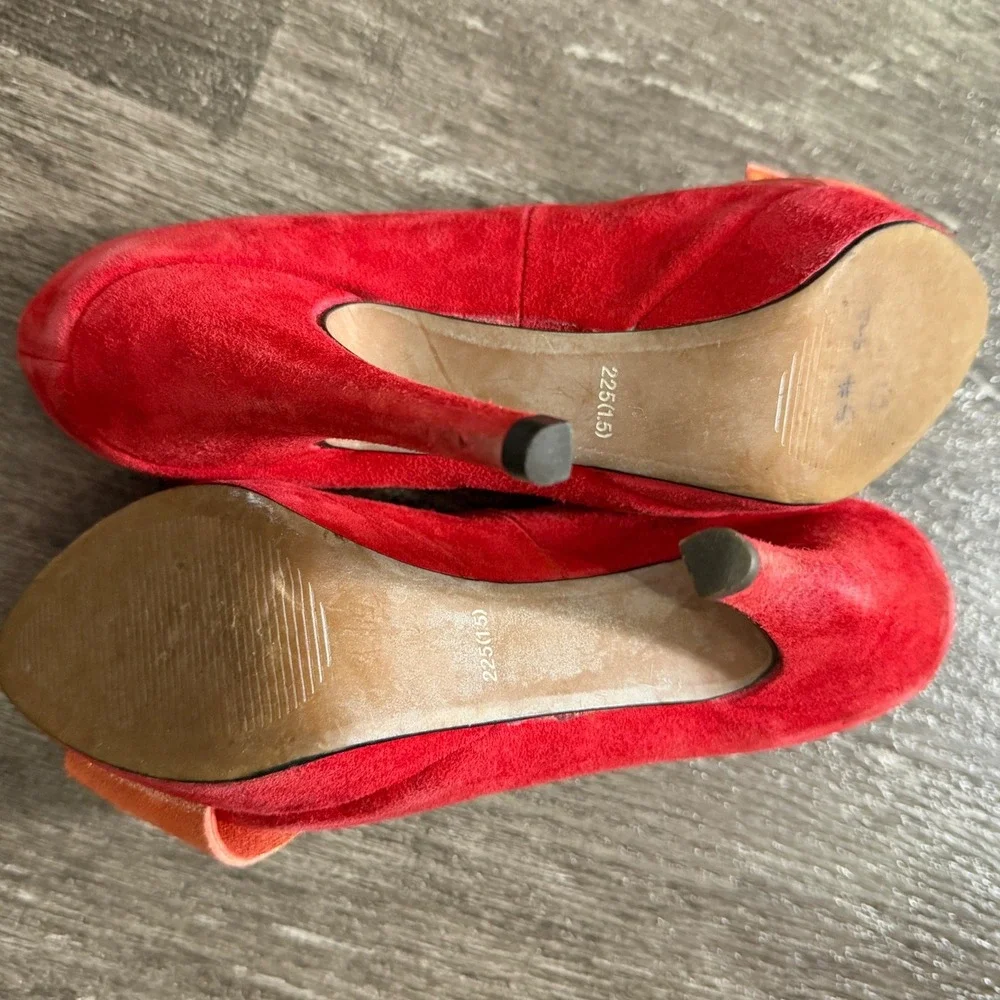 Bailing Li Ren Red Suede Platform Heels with Glitter Bow Pumps Women Size 5.5